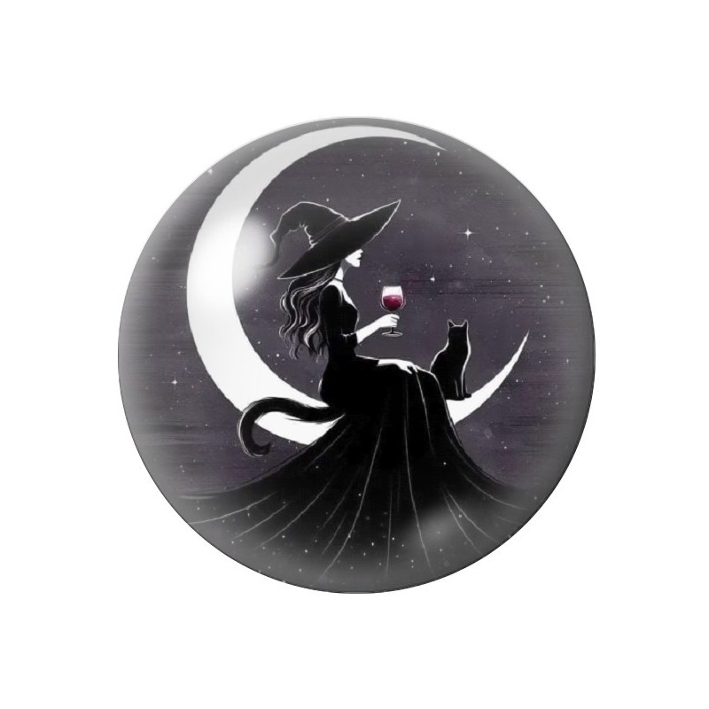 Cabochon en Verre Illustré Sorcière Lune Halloween 12 à 25mm