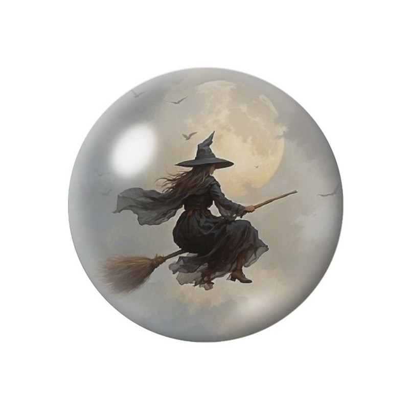 Cabochon en Verre Illustré Sorcière Balai Halloween 12 à 25mm