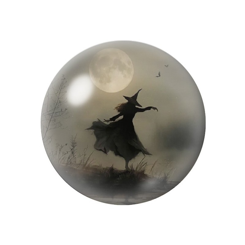 Cabochon en Verre Illustré Sorcière Pleine Lune Halloween 12 à 25mm