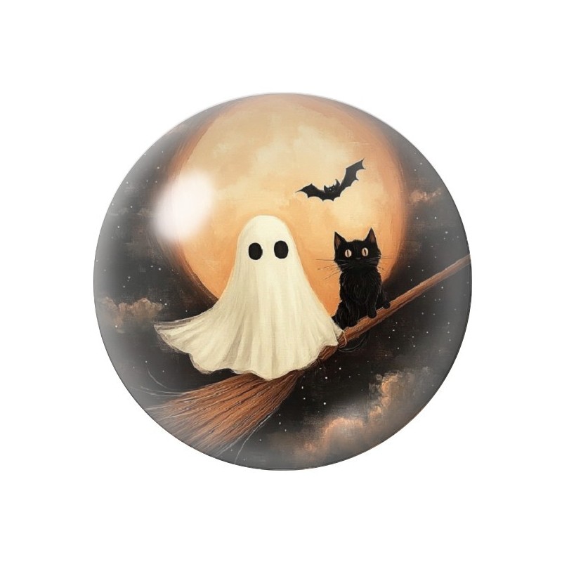 Cabochon en Verre Illustré Fantôme Chat Noir Halloween 12 à 25mm