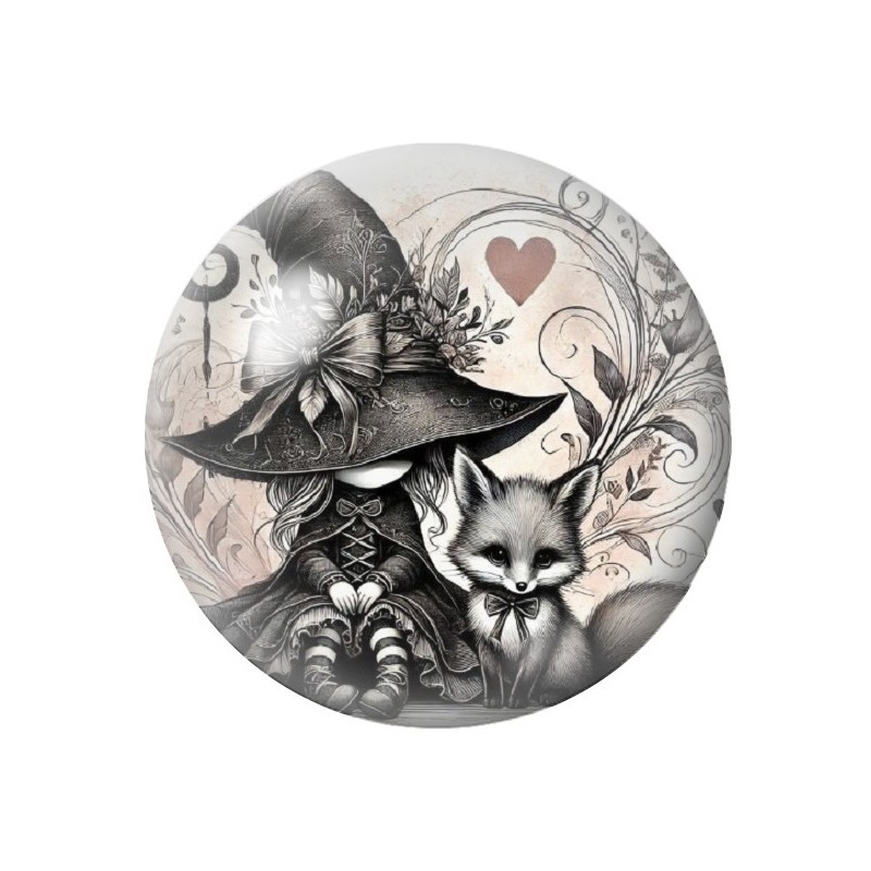 Cabochon en Verre Illustré Petite Sorcière Renard Halloween 12 à 25mm