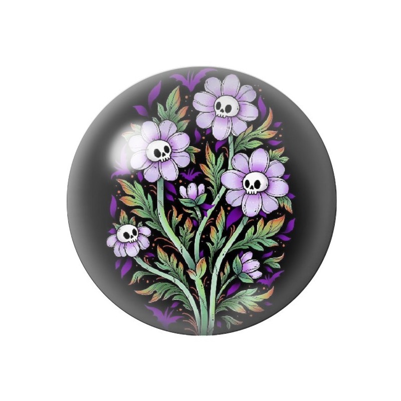 Cabochon en Verre Illustré Fleurs Tête de Mort Halloween 12 à 25mm