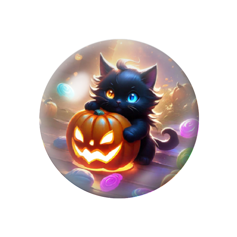 Cabochon en Verre Illustré Chat Noir Citrouille Halloween 12 à 25mm