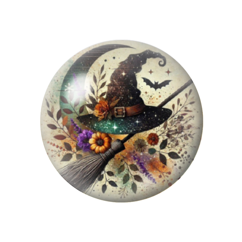 Cabochon en Verre Illustré Chapeau et Balai de Sorcière Halloween 12 à 25mm