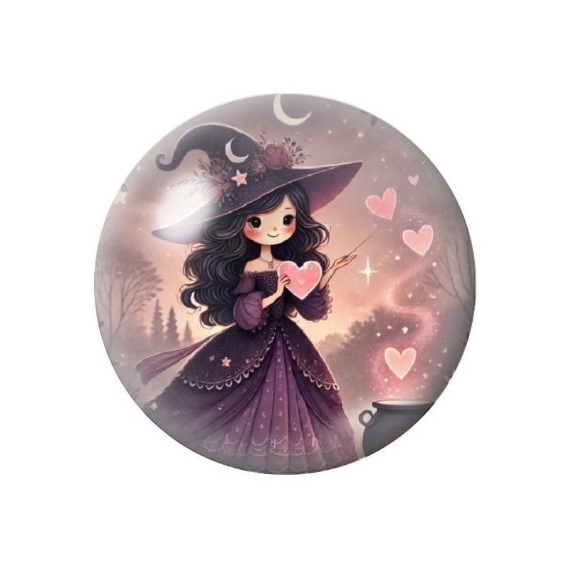 Cabochon en Verre Illustré Sorcière Coeurs Halloween 12 à 25mm