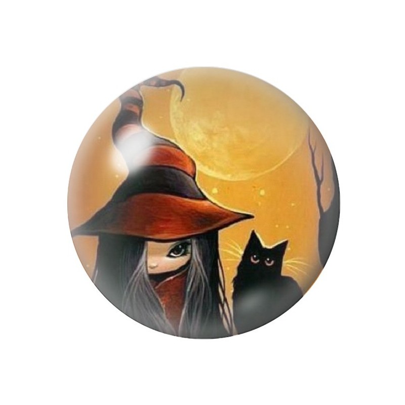 Cabochon en Verre Illustré Petite Sorcière Chat Noir Halloween 12 à 25mm