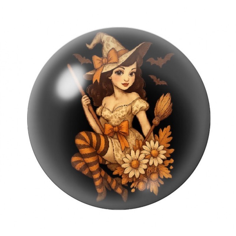 Cabochon en Verre Illustré Sorcière Halloween 12 à 25mm