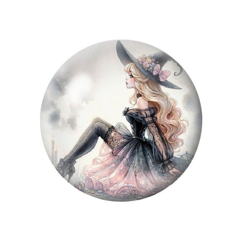Cabochon en Verre Illustré Sorcière Halloween 12 à 25mm