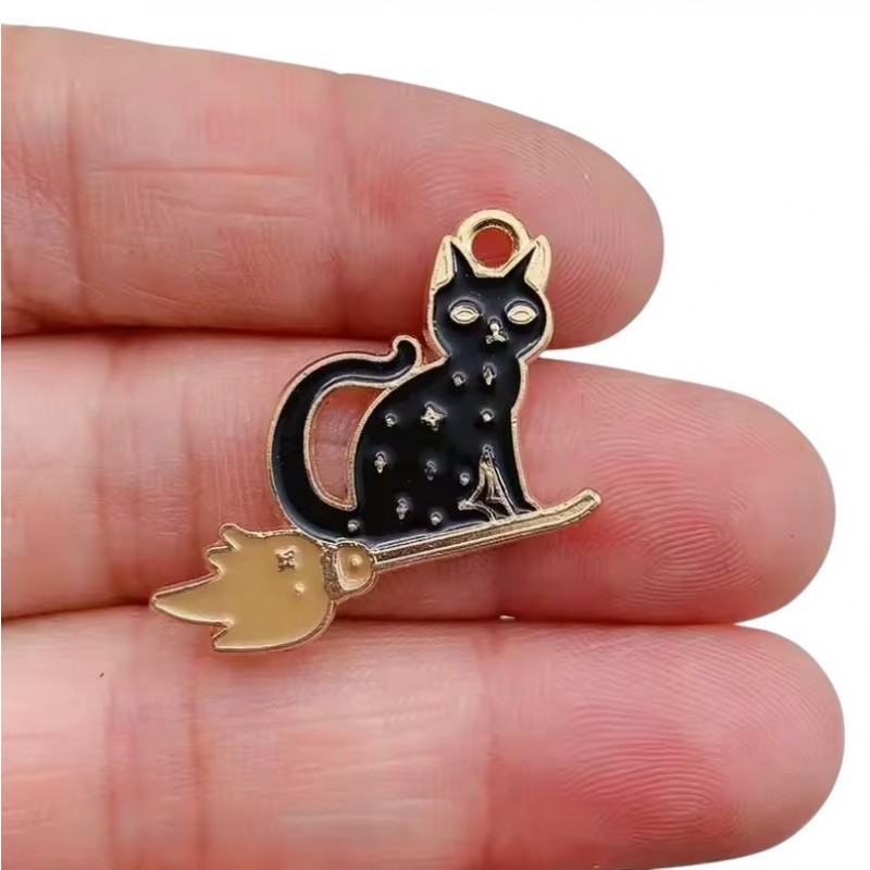 2 Breloques Chat en Émail Noir Métal Doré Halloween 24x22mm
