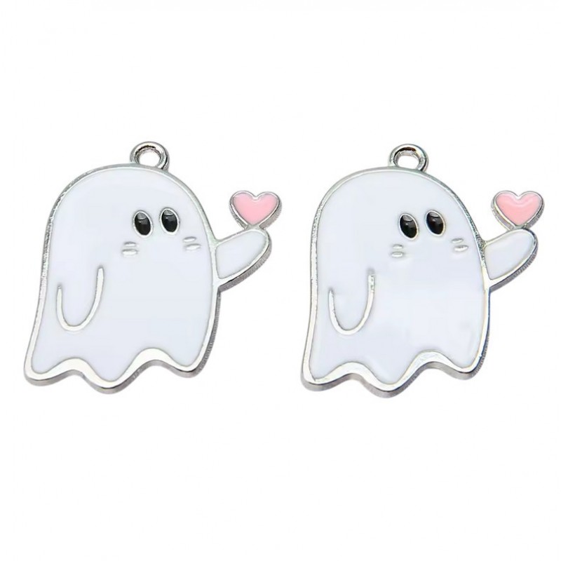 2 Breloques Fantôme en Émail Blanc Métal Argenté Halloween 26x19mm