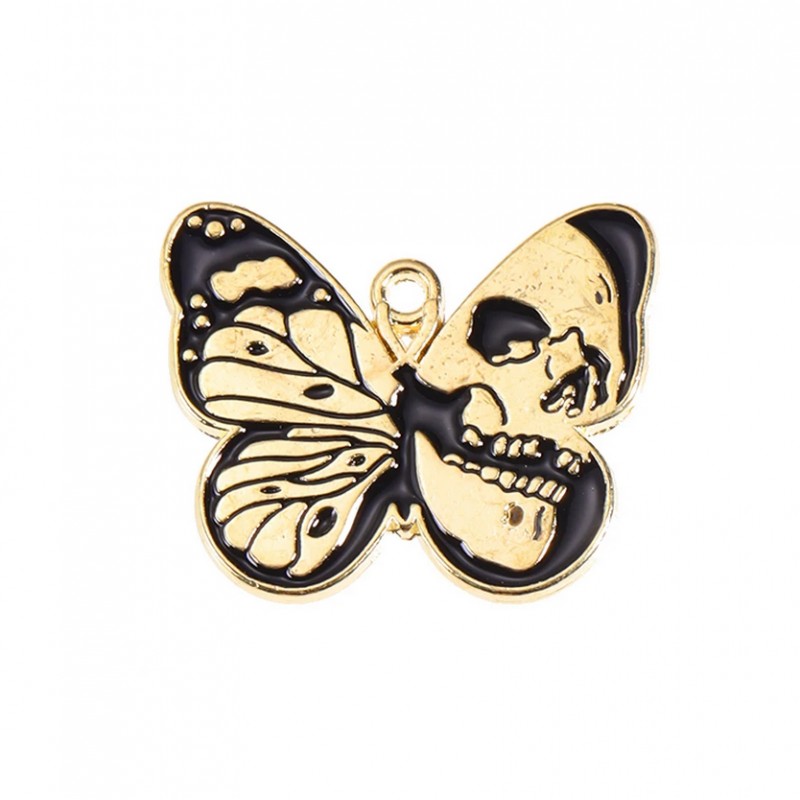 Breloque Papillon Tête de Mort Crâne Métal Doré en Émail Noir Gothique 28x23mm