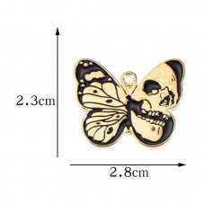 Breloque Papillon Tête de Mort Crâne Métal Doré en Émail Noir Gothique 28x23mm