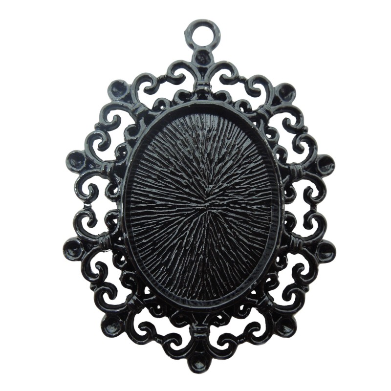 Support Pendentif Ornement Noir pour Cabochon Ovale 18x25mm