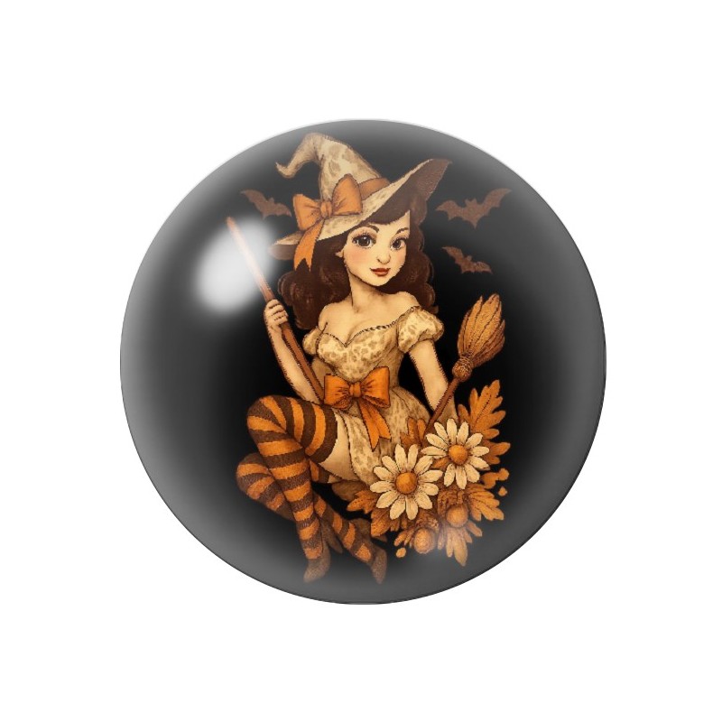 Cabochon en Verre Illustré Sorcière Halloween 12 à 25mm