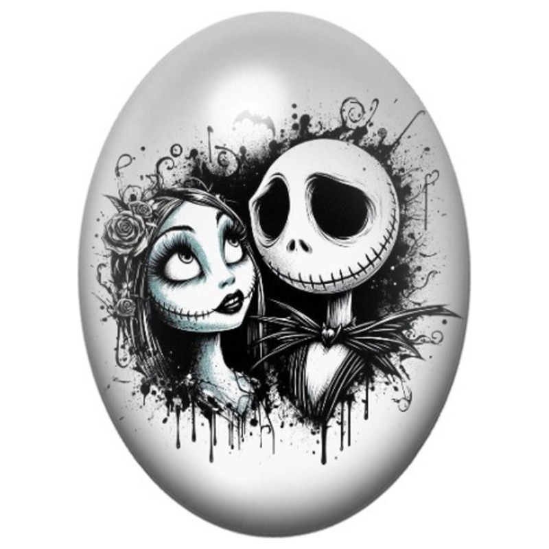 Cabochon en Verre Illustré Jack et Sally en Portrait Encré 13x18, 18x25 ou 30x40mm