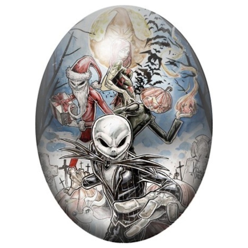 Cabochon en Verre Illustré Jack Skellington Père Noël au Cimetière 13x18, 18x25 ou 30x40mm