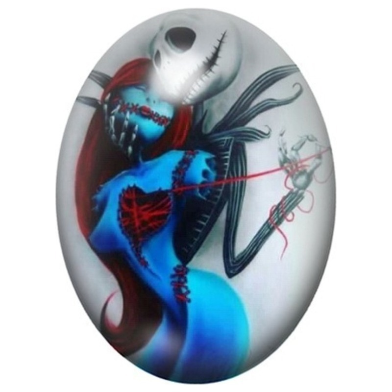 Cabochon en Verre Illustré Jack et Sally Enlacés en Aquarelle Bleue 13x18, 18x25 ou 30x40mm