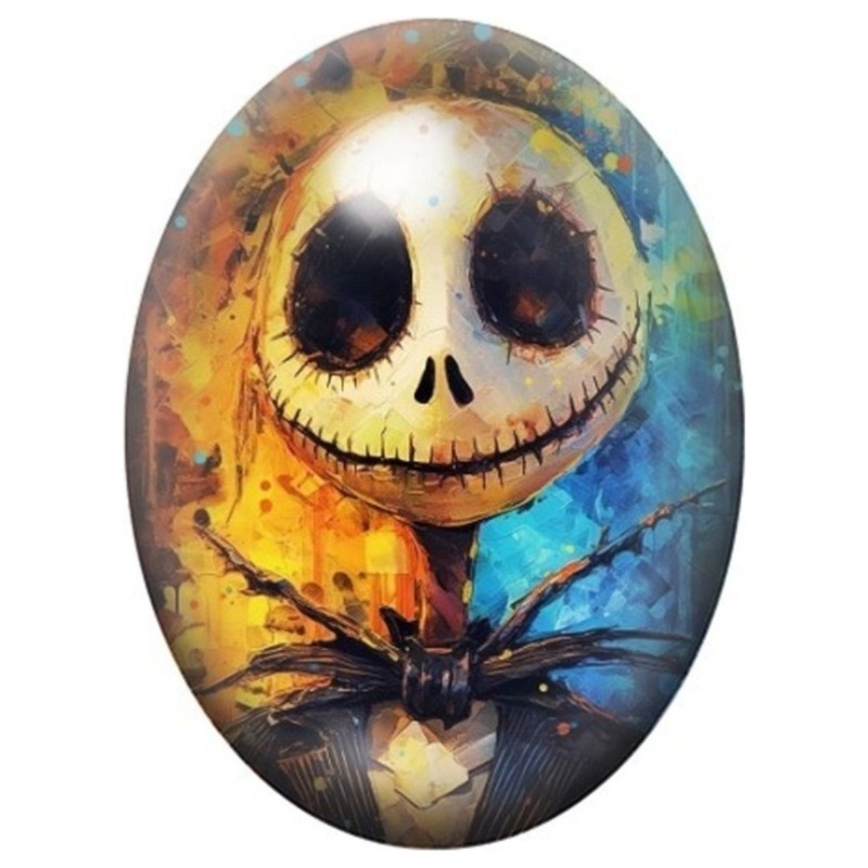 Cabochon en Verre Illustré Jack Skellington en Peinture Orange et Bleue 13x18, 18x25 ou 30x40mm