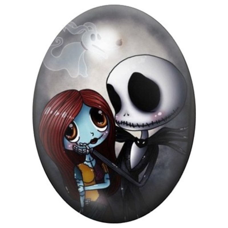Cabochon en Verre Illustré Jack et Sally Joue contre Joue 13x18, 18x25 ou 30x40mm