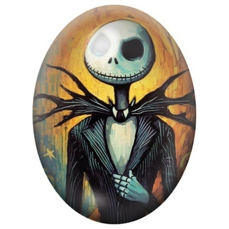 Cabochon en Verre Illustré Jack Skellington sur Fond Orange aux Chauves-Souris 13x18, 18x25 ou 30x40mm