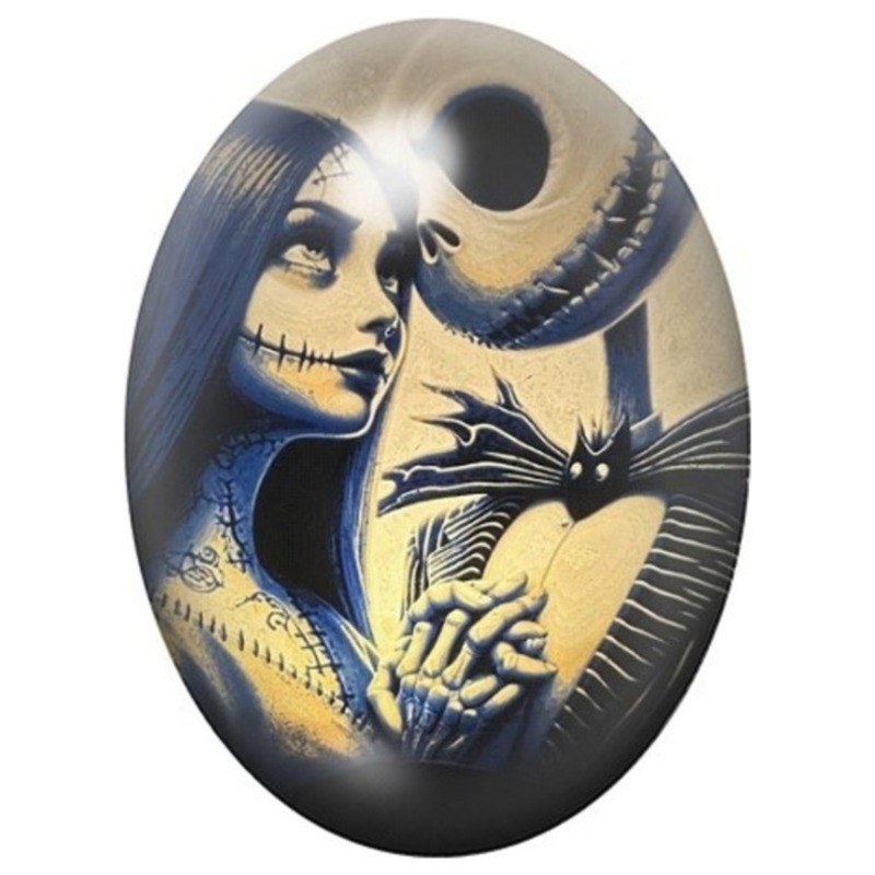 Cabochon en Verre Illustré Jack et Sally sur Fond de Lune 13x18, 18x25 ou 30x40mm