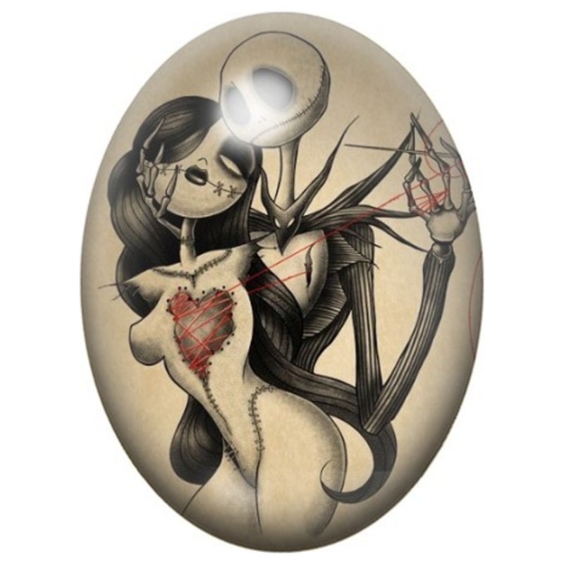 Cabochon en Verre Illustré Jack et Sally Enlacés au Cœur Rouge 13x18, 18x25 ou 30x40mm