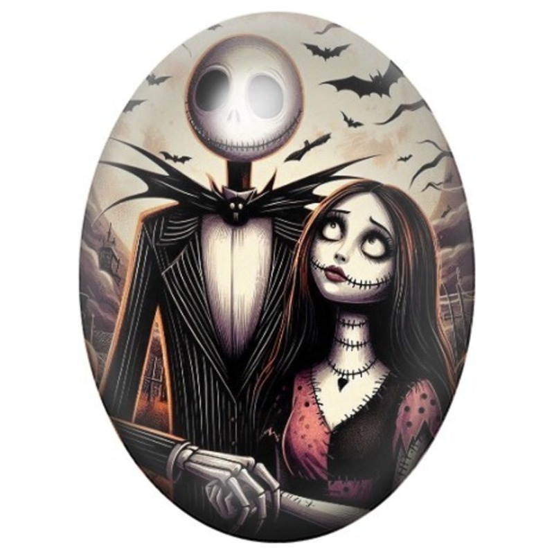 Cabochon en Verre Illustré Jack et Sally devant le Manoir 13x18, 18x25 ou 30x40mm