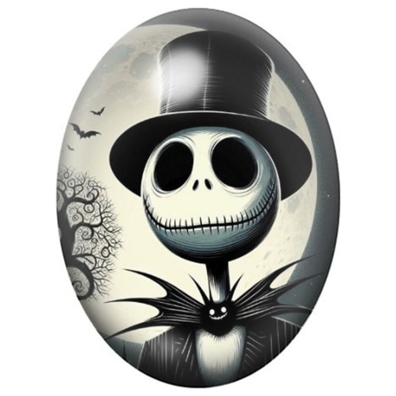 Cabochon en Verre Illustré Jack Skellington au Chapeau Noir 13x18, 18x25 ou 30x40mm