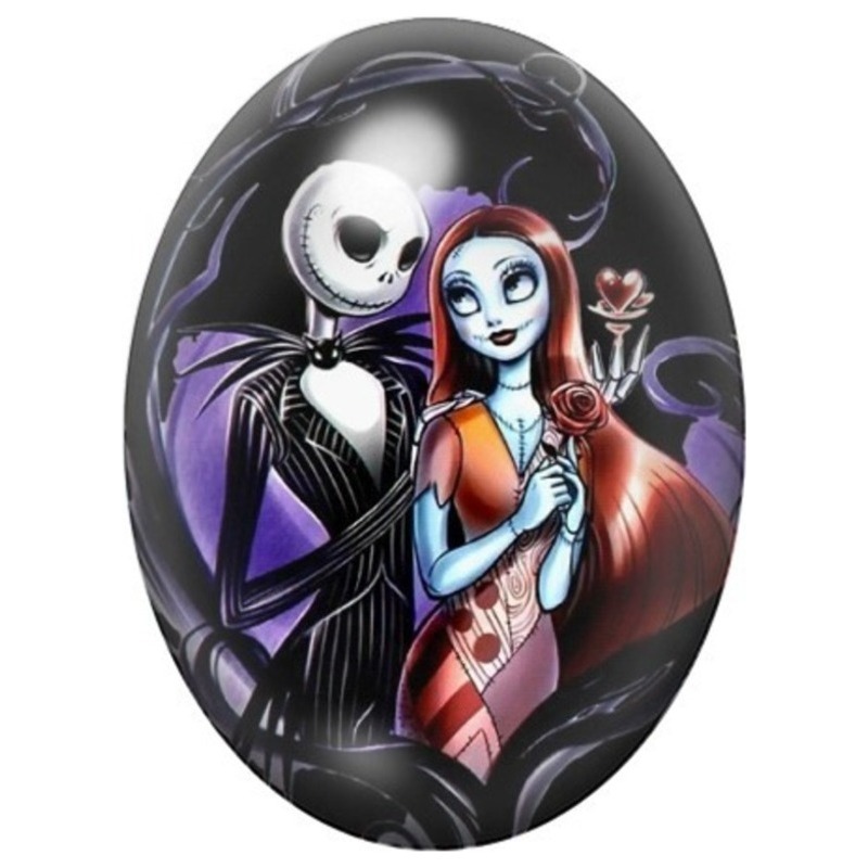 Cabochon en Verre Illustré Jack et Sally sur Fond Violet 13x18, 18x25 ou 30x40mm