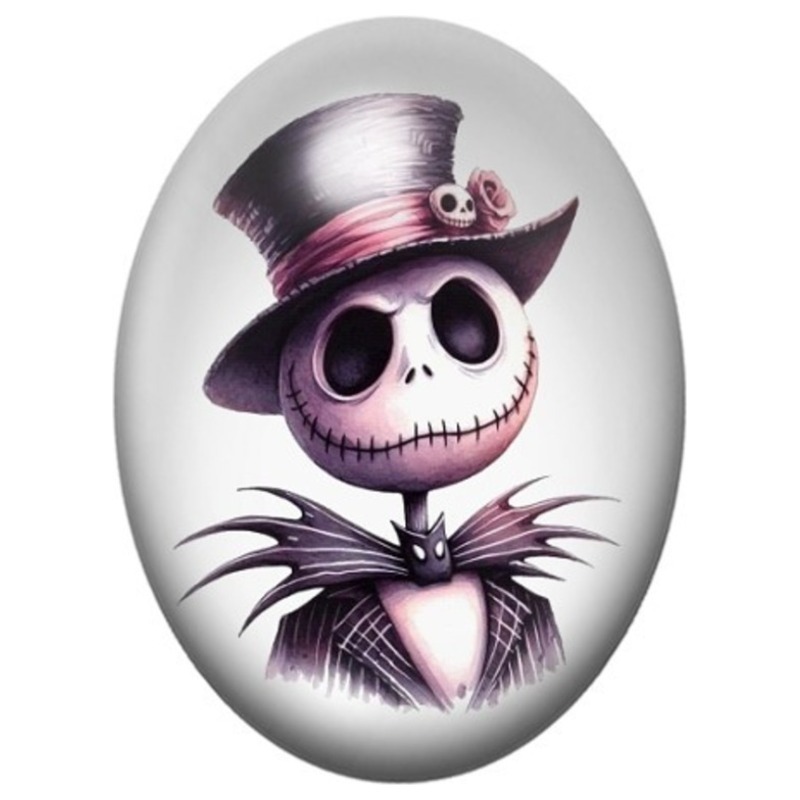 Cabochon en Verre Illustré Jack Skellington au Haut-de-Forme Rose 13x18, 18x25 ou 30x40mm