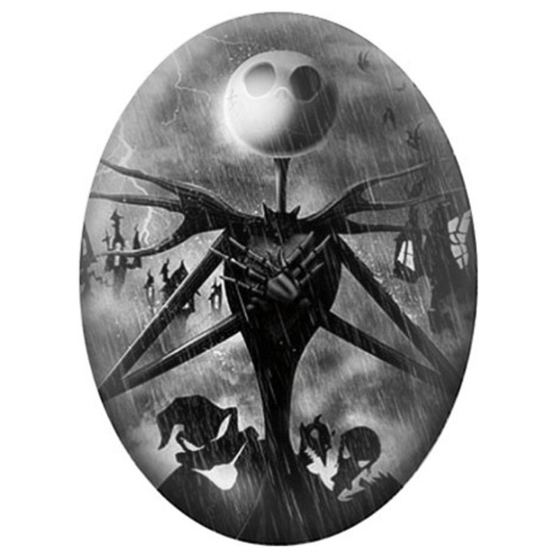 Cabochon en Verre Illustré Jack Skellington dans le Cimetière sous la Lune 13x18, 18x25 ou 30x40mm