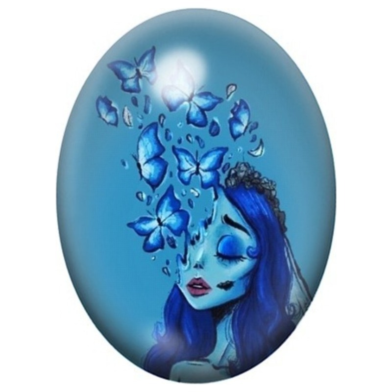 Cabochon en Verre Illustré Emily des Noces Funèbres aux Papillons Bleus 13x18, 18x25 ou 30x40mm