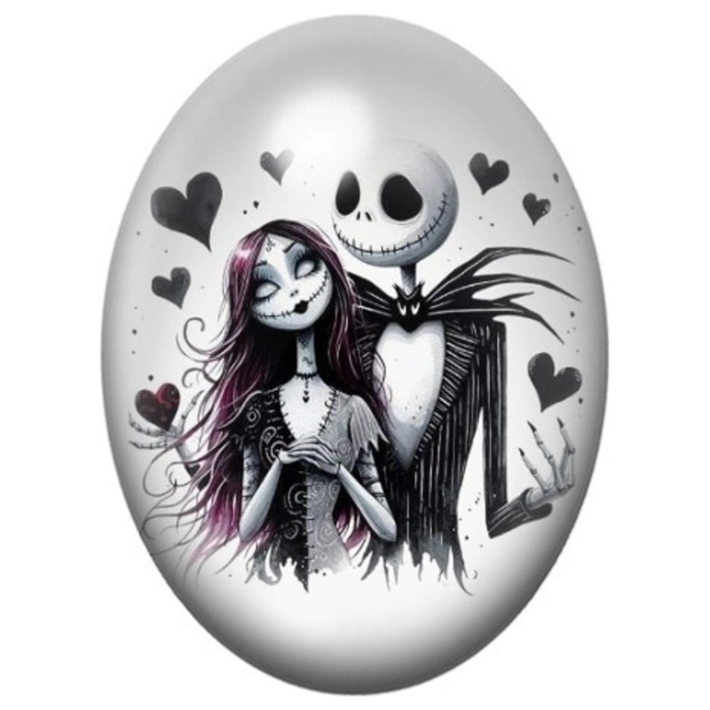 Cabochon en Verre Illustré Jack et Sally entourés de Cœurs 13x18, 18x25 ou 30x40mm