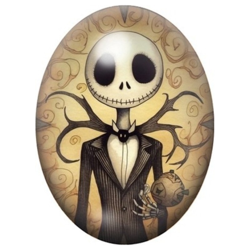 Cabochon en Verre Illustré Jack Skellington sur Fond Beige aux Arabesques 13x18, 18x25 ou 30x40mm