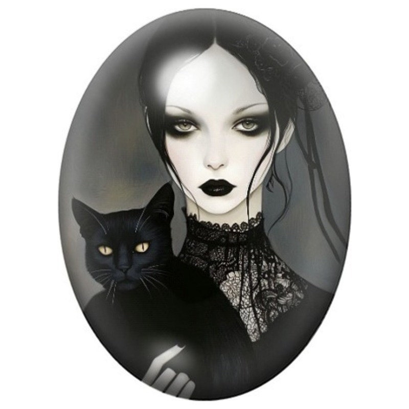Cabochon en Verre Illustré Femme Gothique au Chat Noir 13x18, 18x25 ou 30x40mm