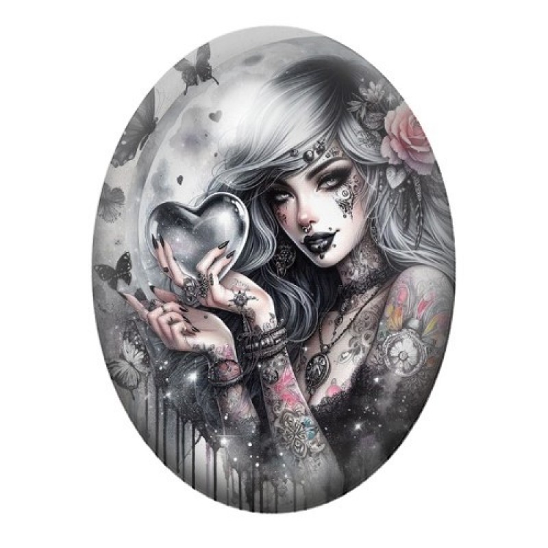 Cabochon en Verre Illustré Femme Coeur Gothique 13x18, 18x25 ou 30x40mm