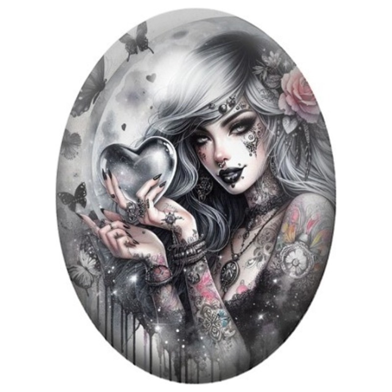 Cabochon en Verre Illustré Femme Gothique au Cœur Miroir 13x18, 18x25 ou 30x40mm