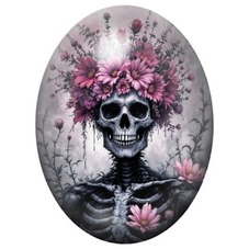Cabochon en Verre Illustré Squelette à la Couronne de Fleurs 13x18, 18x25 ou 30x40mm pour la création de bijoux fantaisie - DIY