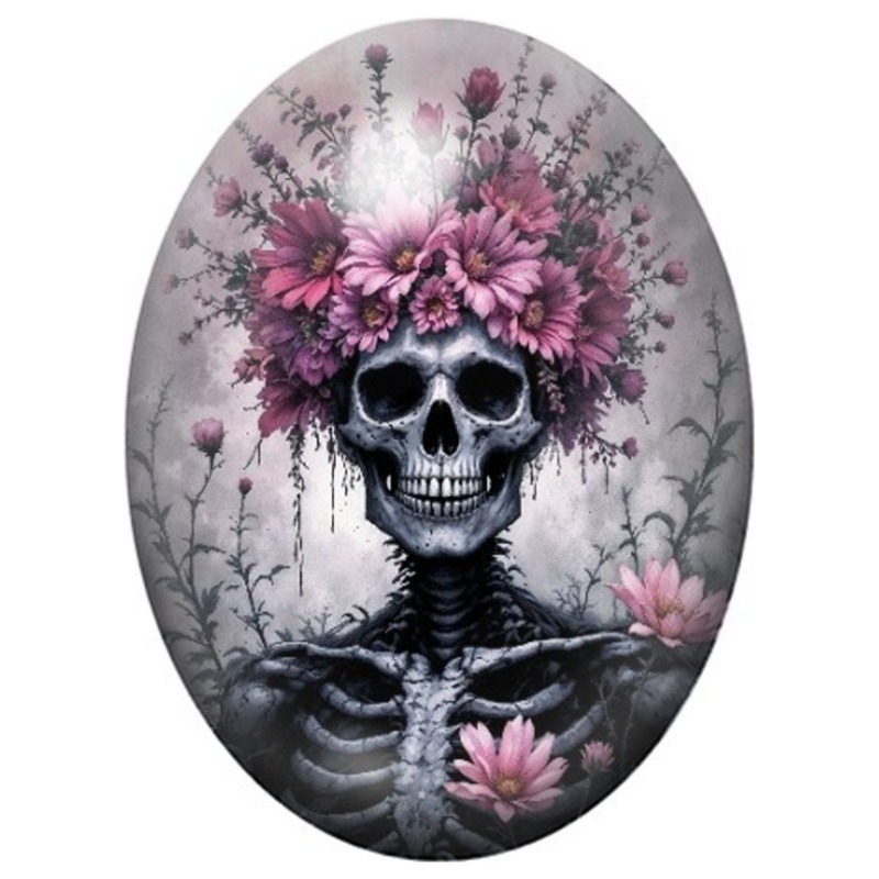 Cabochon en Verre Illustré Squelette à la Couronne de Fleurs 13x18, 18x25 ou 30x40mm