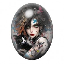 Cabochon en Verre Illustré Femme Tatouée au Lapin Blanc 13x18, 18x25 ou 30x40mm pour la création de bijoux fantaisie - DIY