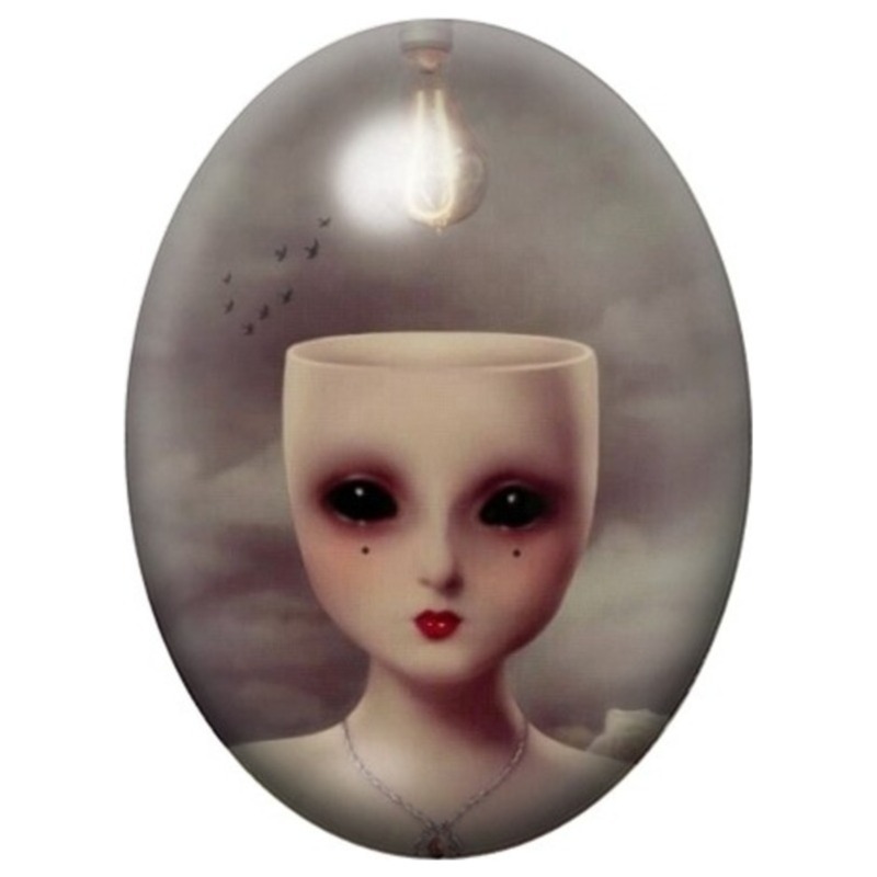 Cabochon en Verre Illustré Visage sous une Ampoule 13x18, 18x25 ou 30x40mm