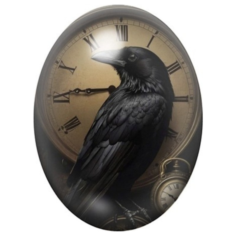 Cabochon en Verre Illustré Corbeau devant l’Horloge 13x18, 18x25 ou 30x40mm