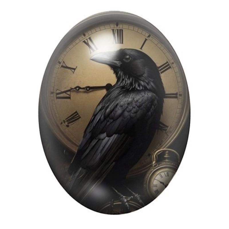 Cabochon en Verre Illustré Corbeau Horloge Gothique 13x18, 18x25 ou 30x40mm