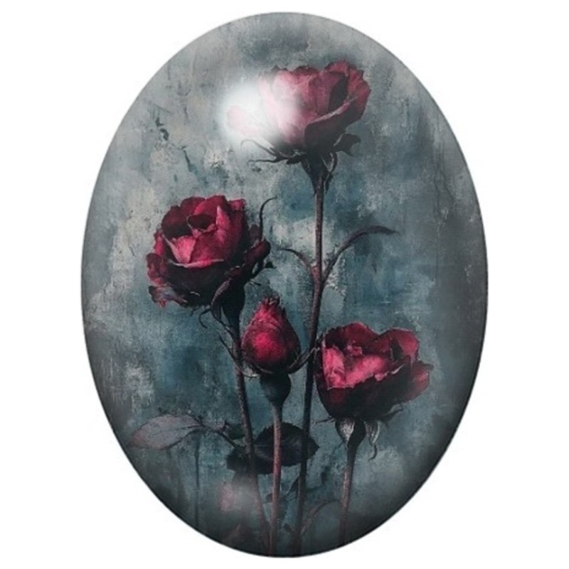 Cabochon en Verre Illustré Roses Rouges sur Fond Bleu 13x18, 18x25 ou 30x40mm