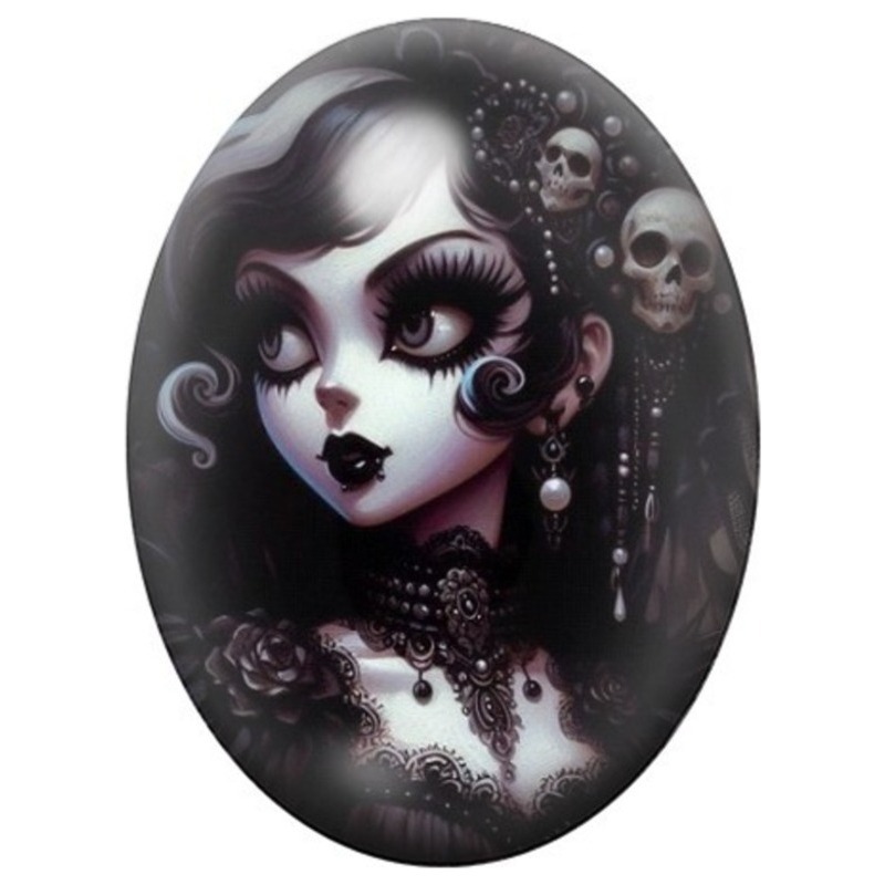 Cabochon en Verre Illustré Femme Gothique aux Perles 13x18, 18x25 ou 30x40mm