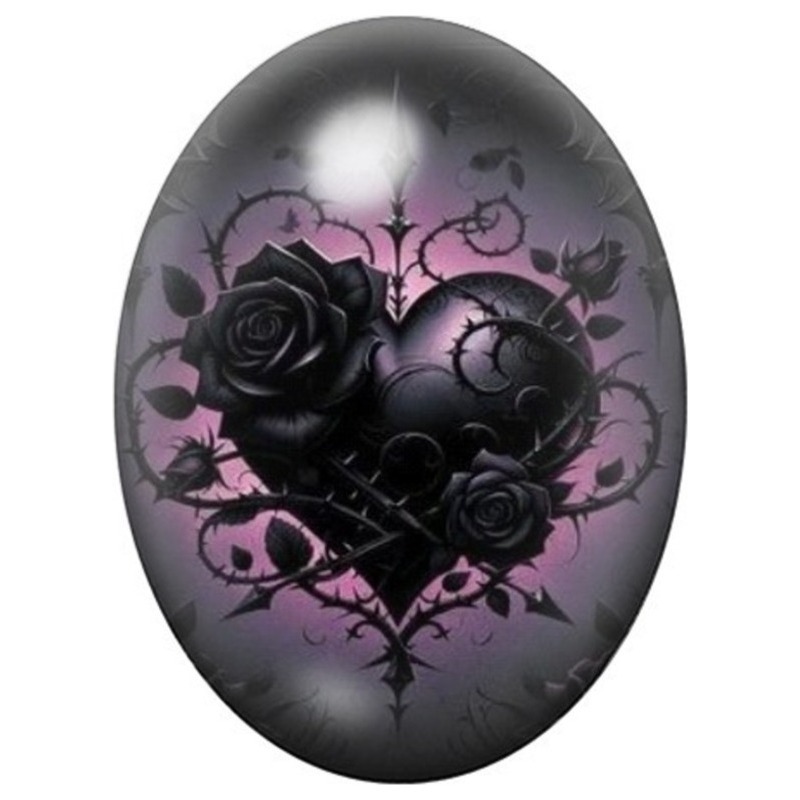 Cabochon en Verre Illustré Cœur Noir aux Roses 13x18, 18x25 ou 30x40mm