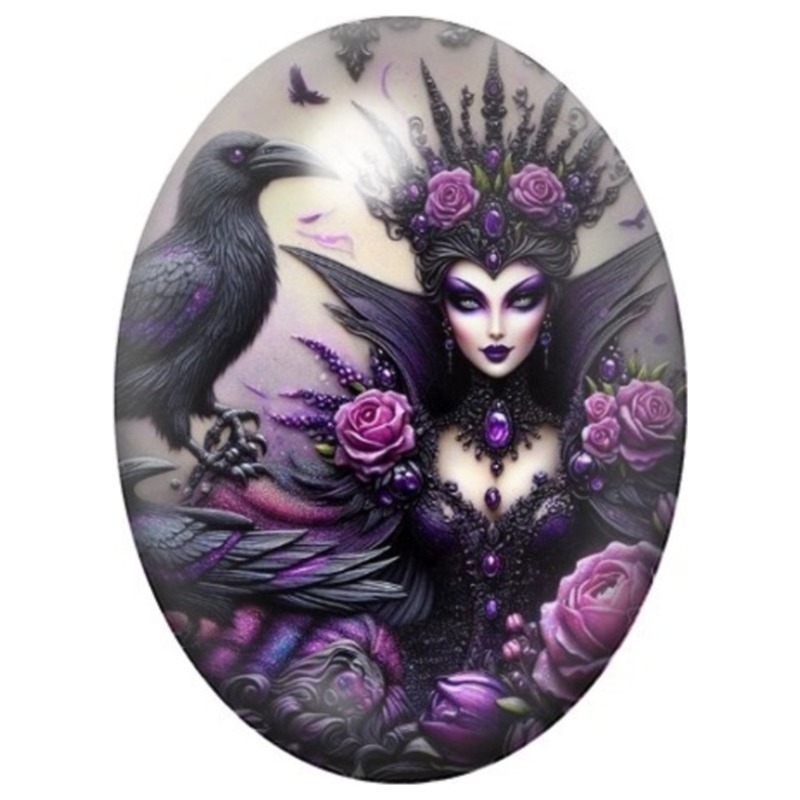 Cabochon en Verre Illustré Reine Sombre au Corbeau 13x18, 18x25 ou 30x40mm