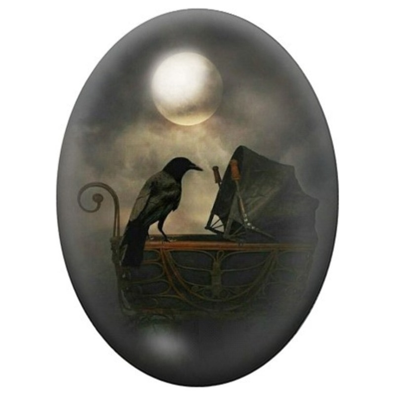 Cabochon en Verre Illustré Corbeau sur un Landau 13x18, 18x25 ou 30x40mm