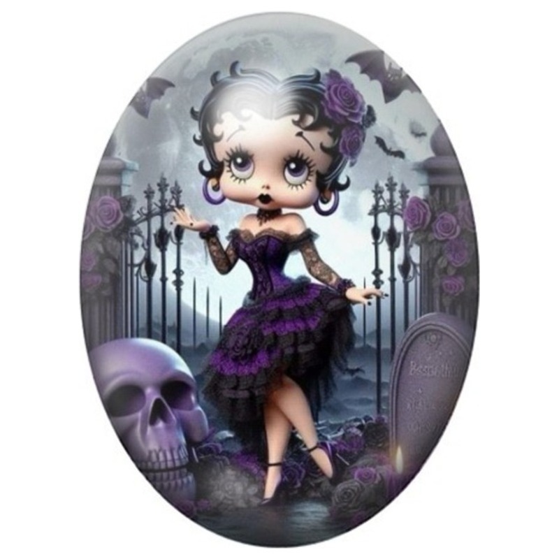Cabochon en Verre Illustré Betty Boop Gothique au Cimetière 13x18, 18x25 ou 30x40mm