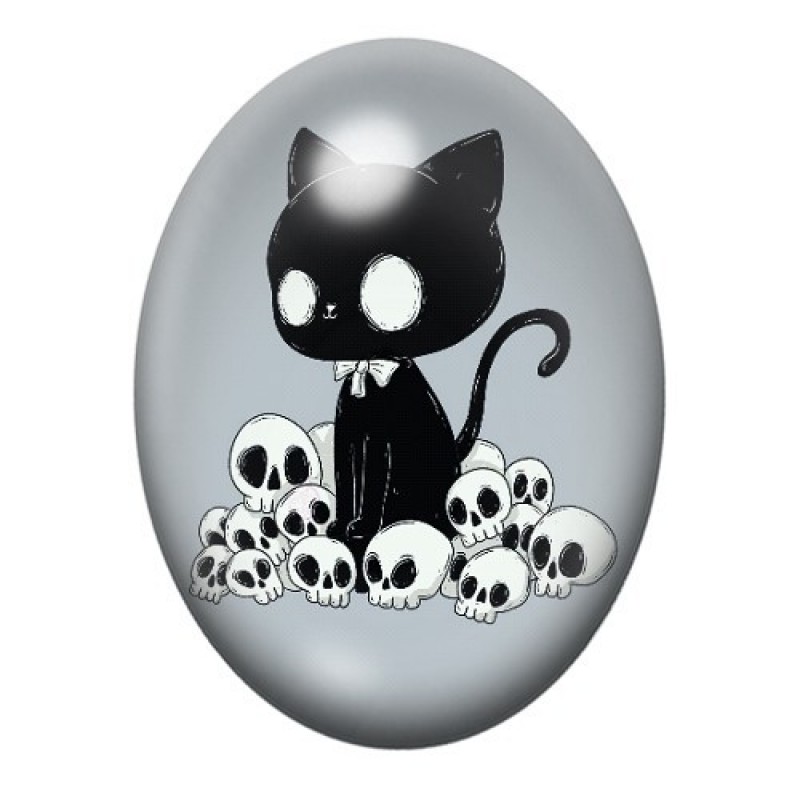 Cabochon en Verre Illustré Chat Noir Crânes Gothique 13x18, 18x25 ou 30x40mm